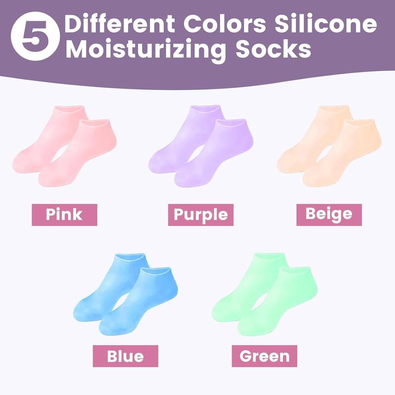 5 Pairs Silicone Socks for Dry Cracked Feet, Silicone Moisturizing Socks for Women, Foot Care Silicone Socks, Spa Gel Socks Foot Care After Pedicure (5 Colors Assorted, Fits Up to Size 8)