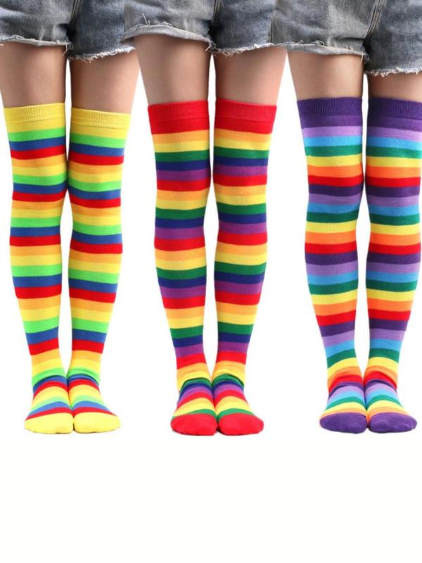 3 Pairs Of Rainbow Striped Thigh High Socks, Autumn Cute Cozy Over The Knee Stockings for Women, LGBT Comfy Hosiery for All Day Wear