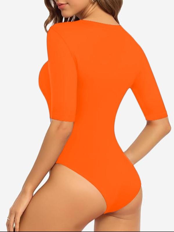 Women's Plain V Neck Half Sleeve Bodysuit, Casual Solid Color Tight-fitting Bodysuit for Daily Wear, Ladies Clothes for All Seasons, Tummy Control Bodysuit