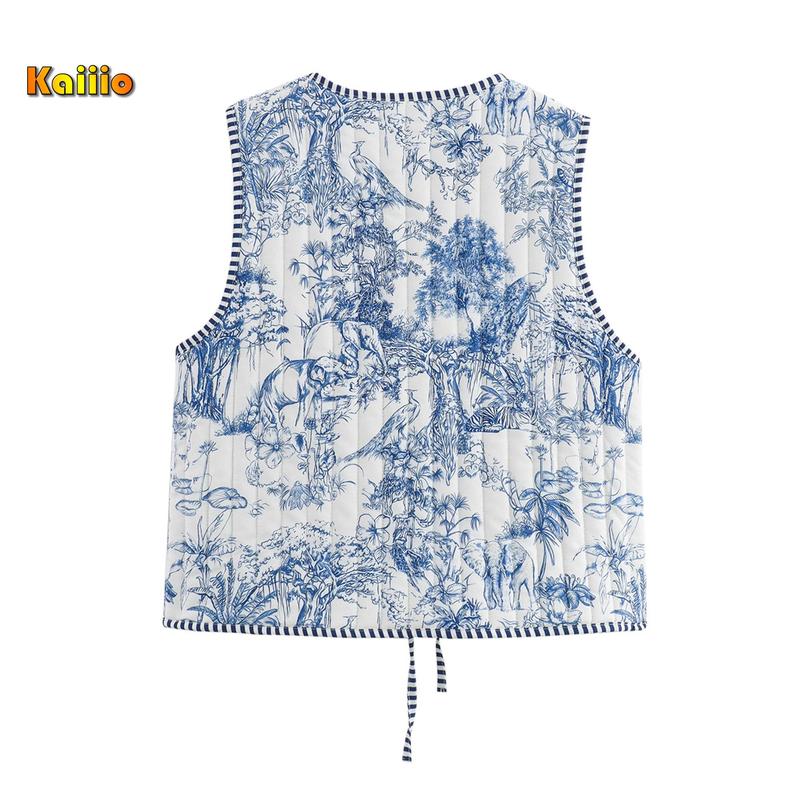 Women's Spring Autumn Vest Coat V Neck Tie Front Sleeveless Floral Puffer Jacket