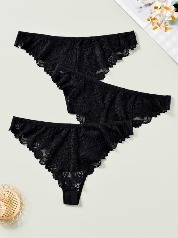 Plus 3pcs Minimalist Basic Plain Contrast Lace Panty, Lady Solid Casual Soft Comfortable Breathable Knicker, Womenswear, Women's Underwear for Daily Wear