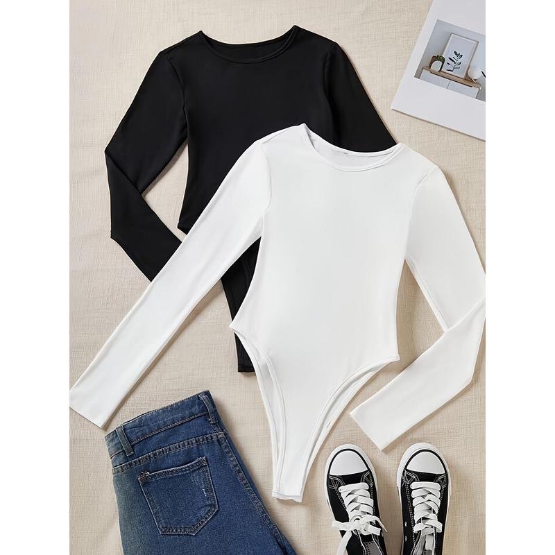 2 packs solid color casual crew neck long sleeve one piece bodysuit WOMEN'S clothing