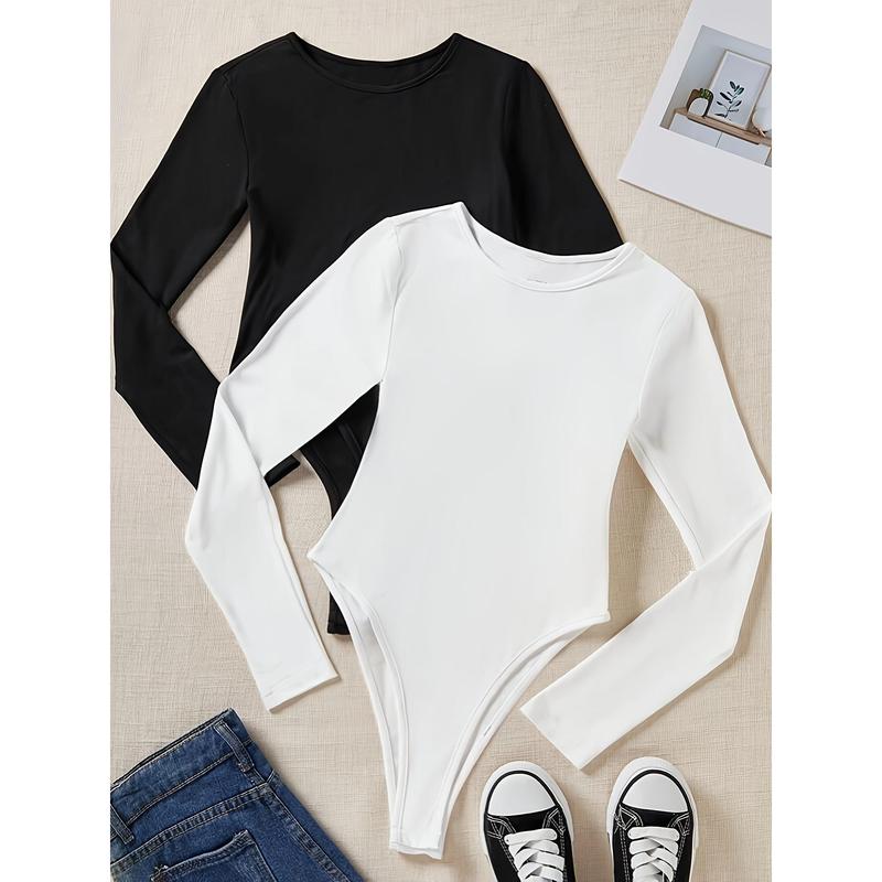 2 packs solid color casual crew neck long sleeve one piece bodysuit WOMEN'S clothing