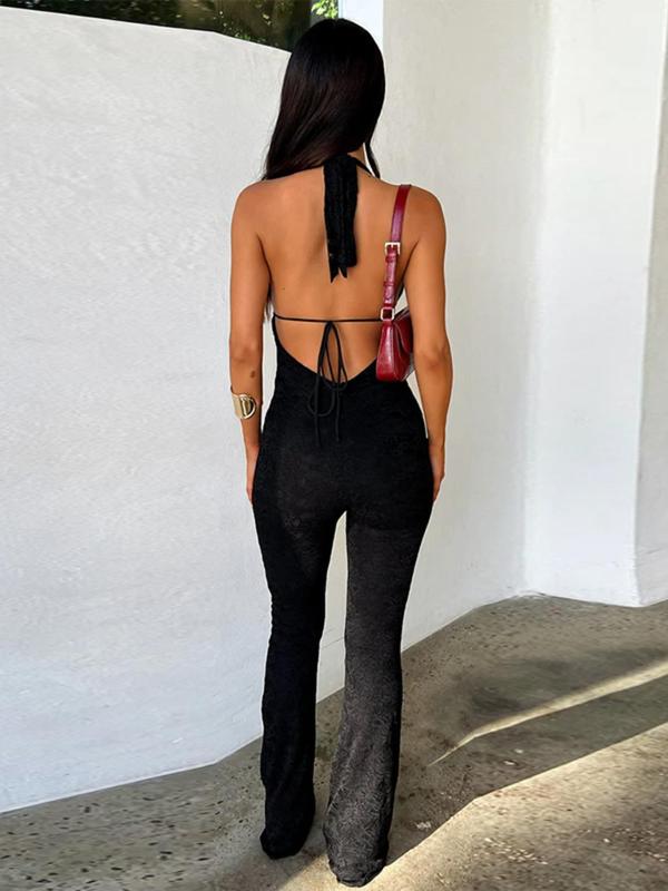 Women's Plain Halter Neck Tie Back Jumpsuit, Casual Sleeveless Backless Jumpsuit for Daily Wear, Ladies Clothes for All Seasons