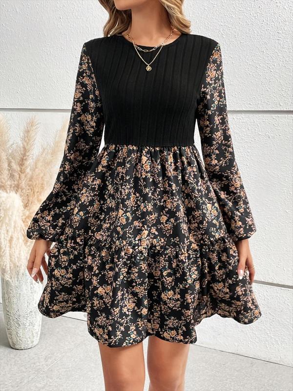 Women's Floral Patchwork Print Bishop Sleeve A Line Dress, Elegant Long Sleeve Round Neck Short Dress for Spring & Fall, Women's Clothing for Daily Wear