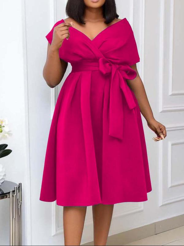 Women's Plain Belted Wrap V Neck Dress, Elegant Batwing Sleeve Zipper Back A Line Dress for Party Holiday Wedding Guest, Ladies Clothes for All Seasons