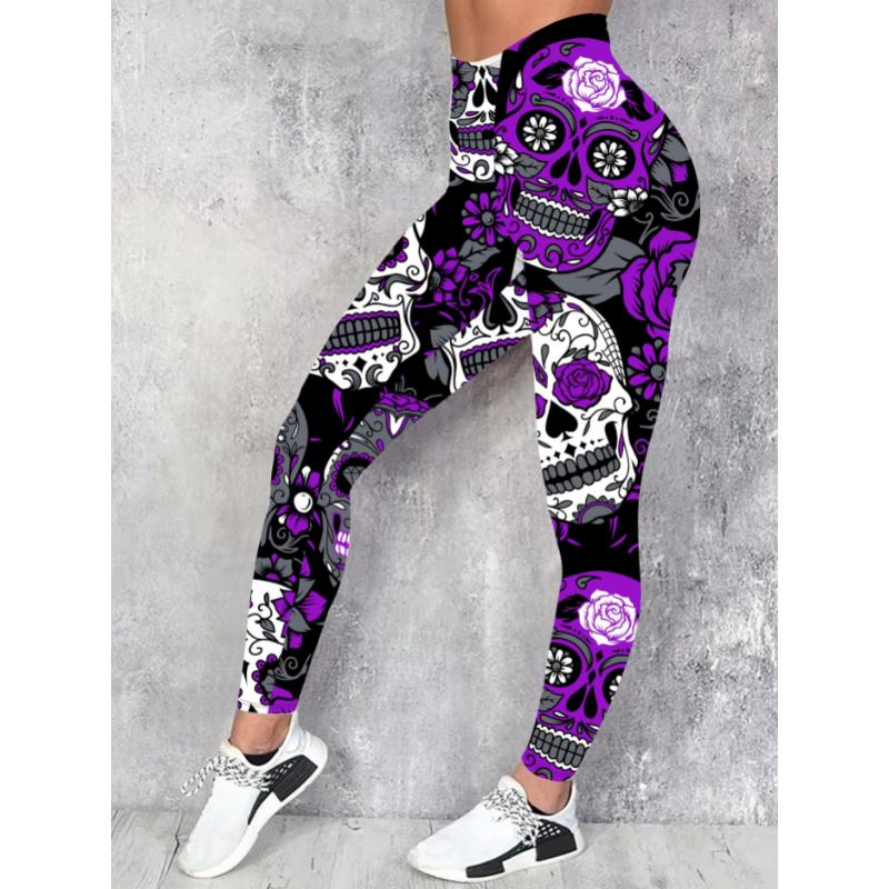 Vibrant Floral Sugar Skull Print Leggings - Soft, Stretchy, All-Season Skinny Fit Polyester Knit Fabric Pants for Women - Casual, Comfortable, and Stylish Bottoms for Everyday Wear Womenswear Halloween Womenswear Halloween