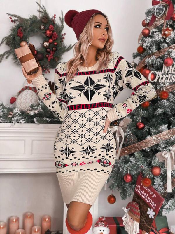 Women's Christmas Print Round Neck Bodycon Sweater Dress, Casual Long Sleeve Crew Neck Knit Dress for Fall & Winter, Christmas Party Dress, Women's Knitwear for Daily Wear