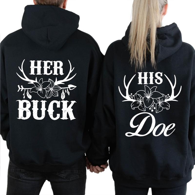 His Doe Her Buck Matching Hunting Valentines Day Hoodie, Camo Hoodie, Long Sleeve Couples Hunting Hoodie Unisex Classic Cotton