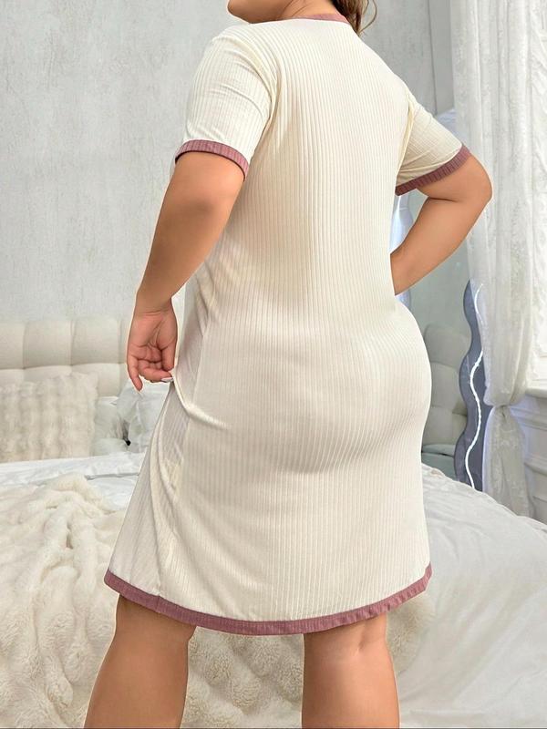  Contrast Binding Button Front Nightdress, Casual Short Sleeve V Neck Nightgown for Women, Women's Sleepwear for Summer