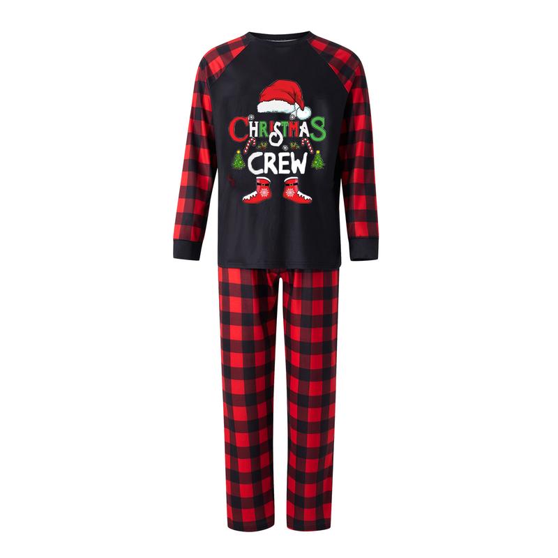 Matching Christmas Pajamas For Family, Letter Christmas Hat Print Long Sleeve Tops + Plaid Pants Sleepwear Set