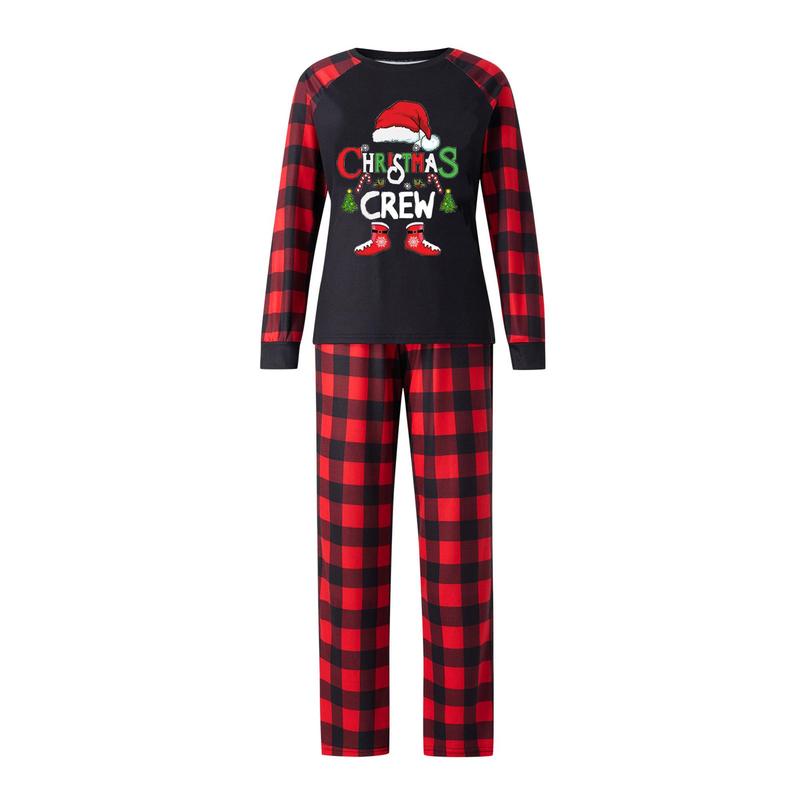 Matching Christmas Pajamas For Family, Letter Christmas Hat Print Long Sleeve Tops + Plaid Pants Sleepwear Set