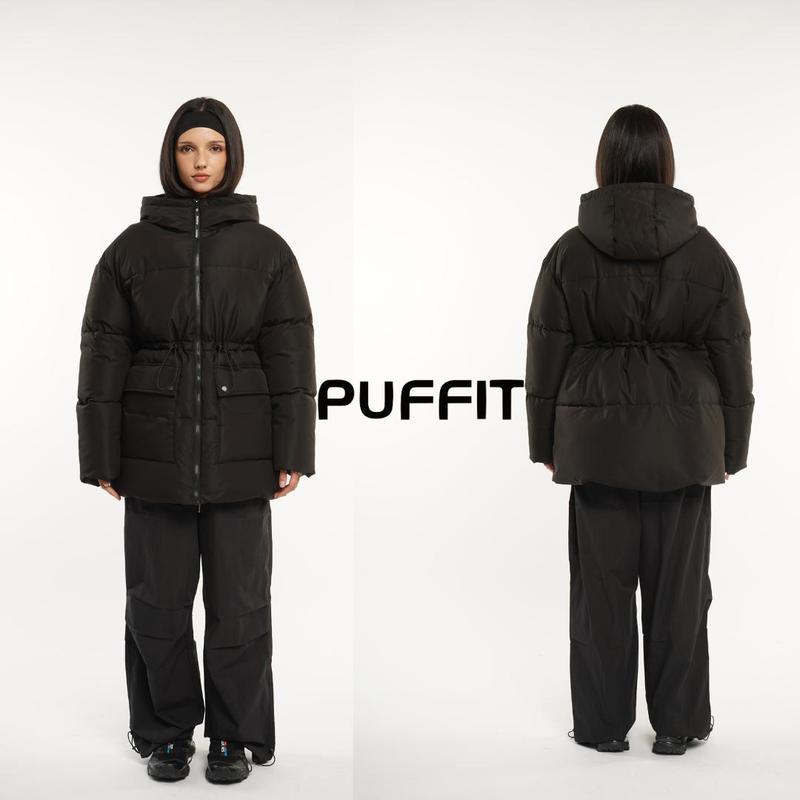 PUFFIT Women Mid Length Puffer Jacket Hood Winter, Mid Length Ladies Outwear Coat Big Pocket with Waist Drawcord Go.G.G