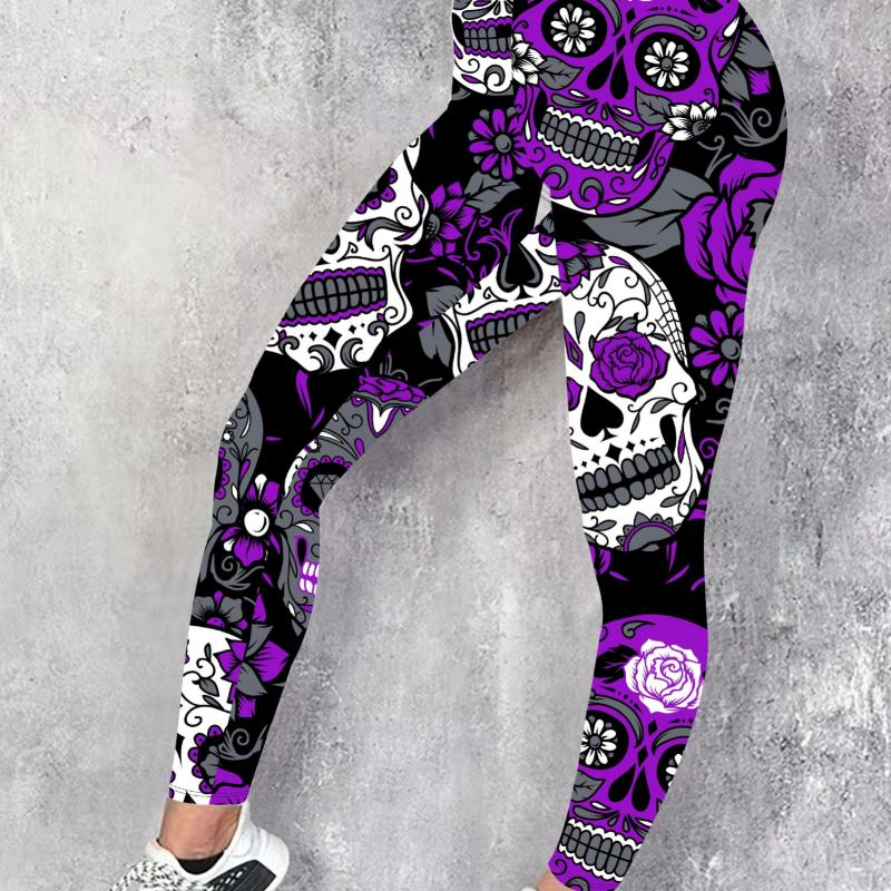 Vibrant Floral Sugar Skull Print Leggings - Soft, Stretchy, All-Season Skinny Fit Polyester Knit Fabric Pants for Women - Casual, Comfortable, and Stylish Bottoms for Everyday Wear Womenswear Halloween Womenswear Halloween