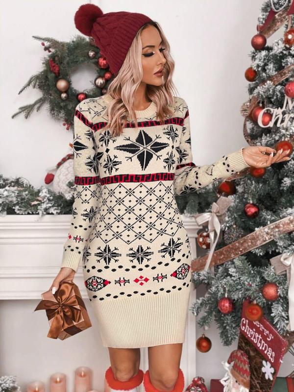 Women's Christmas Print Round Neck Bodycon Sweater Dress, Casual Long Sleeve Crew Neck Knit Dress for Fall & Winter, Christmas Party Dress, Women's Knitwear for Daily Wear