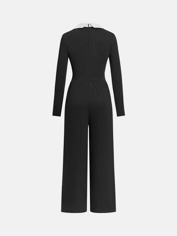 YOZY Women's Colorblock Zipper Back Ribbed Jumpsuit, Casual Long Sleeve Collared Jumpsuit for Fall & Winter, Women's Clothes for Daily Wear