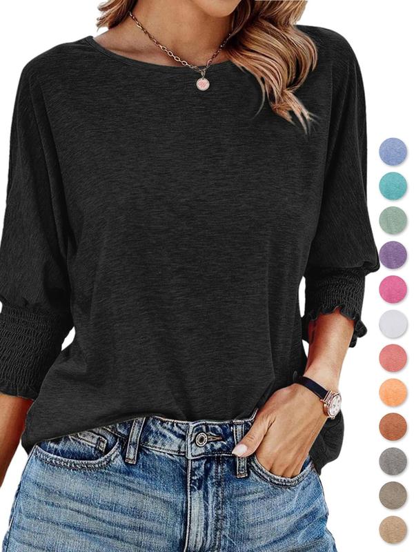 Women's Plain Frill Trim Shirred Bishop Sleeve Tee, Casual Round Neck 3 4 Sleeve T-Shirt for Summer, Fashion Simple Women's Top for Daily Wear, Downtown Girl Clothes, Fall Clothes