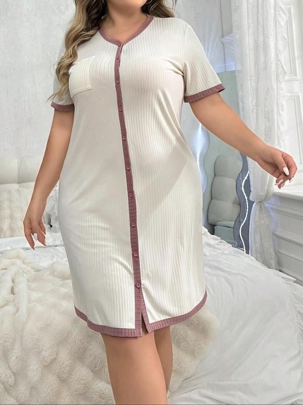  Contrast Binding Button Front Nightdress, Casual Short Sleeve V Neck Nightgown for Women, Women's Sleepwear for Summer