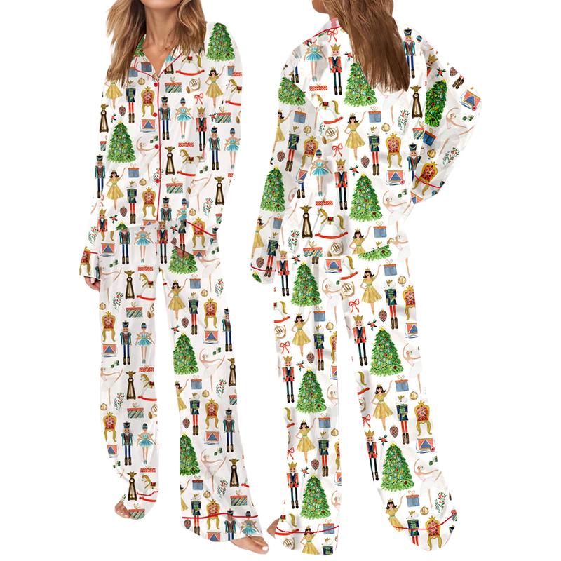 Women's two-piece pajama set long-sleeved lapel Christmas pattern print button-down shirt with free pants Loungewear Nightwear