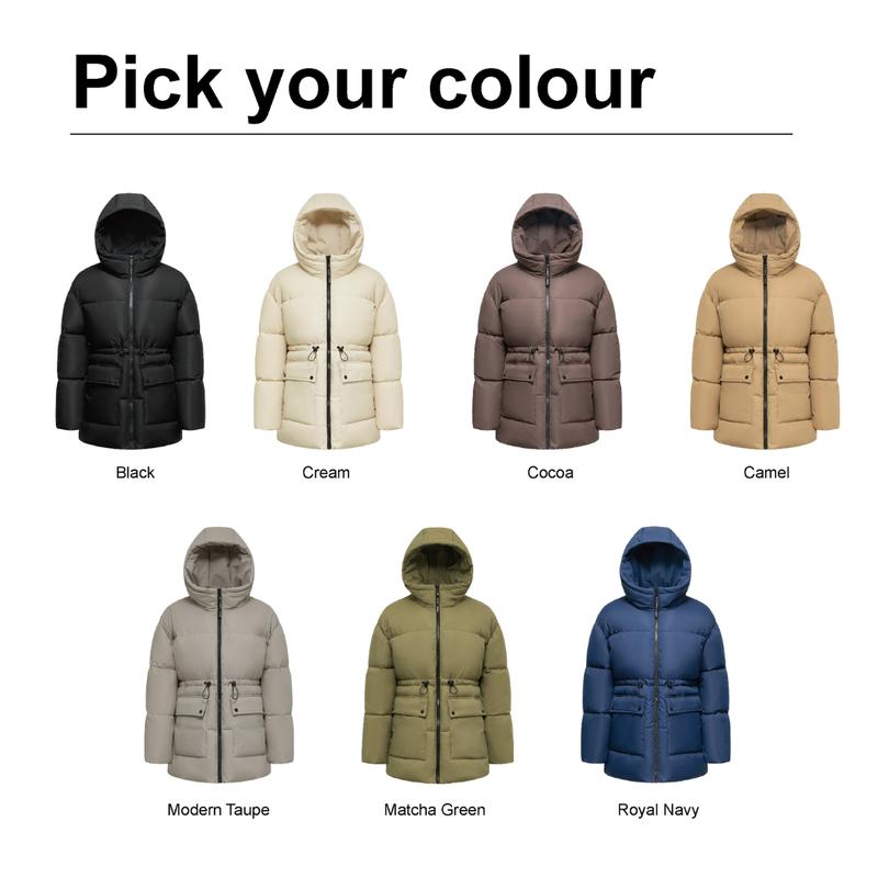 PUFFIT Women Mid Length Puffer Jacket Hood Winter, Mid Length Ladies Outwear Coat Big Pocket with Waist Drawcord Go.G.G