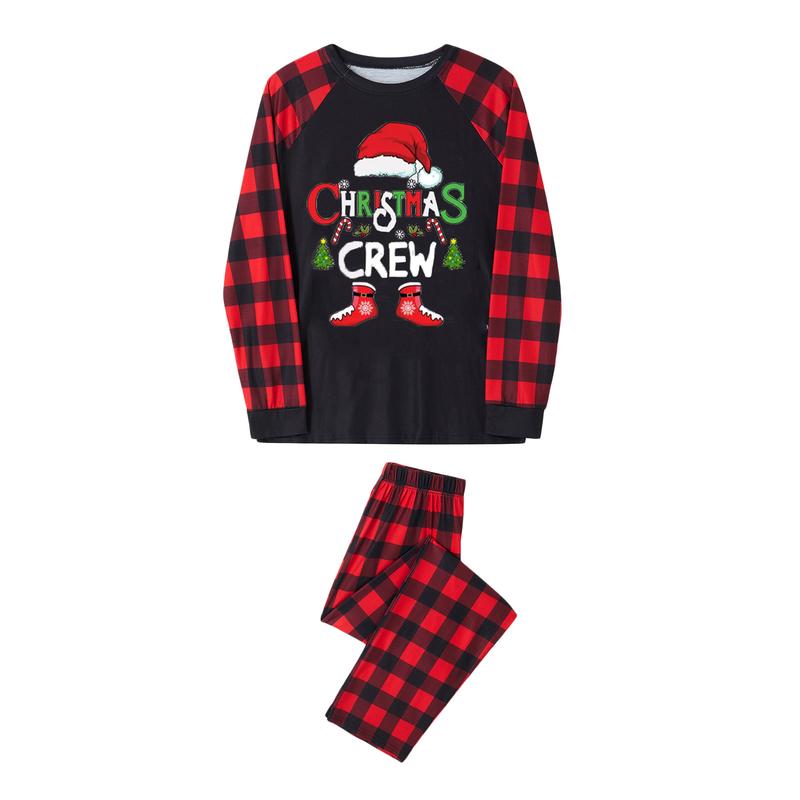 Matching Christmas Pajamas For Family, Letter Christmas Hat Print Long Sleeve Tops + Plaid Pants Sleepwear Set