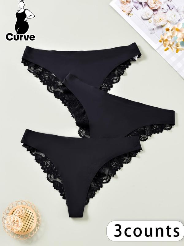 Plus 3pcs Minimalist Basic Plain Contrast Lace Panty, Lady Solid Casual Soft Comfortable Breathable Knicker, Womenswear, Women's Underwear for Daily Wear