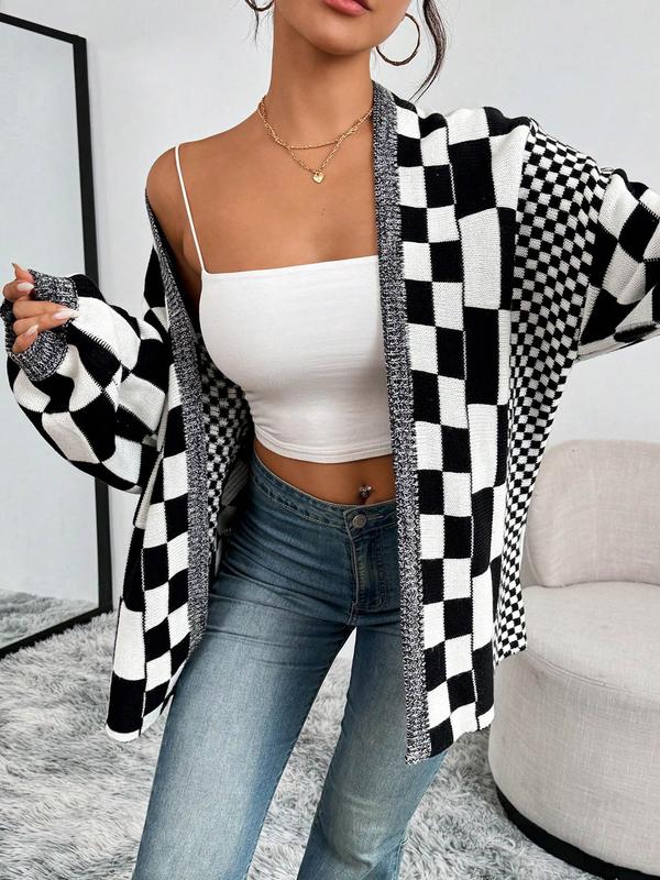 Women's Checkerboard Print Drop Shoulder Cardigan, Casual Long Sleeve Open Front Knitwear for Fall & Winter, Fashion Women's Knit Clothing for Daily Wear