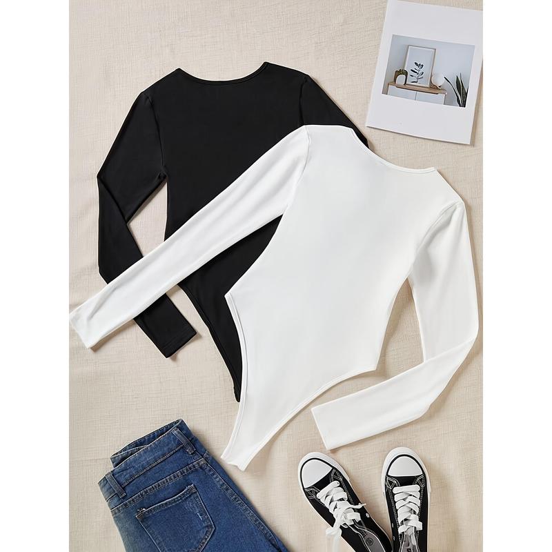 2 packs solid color casual crew neck long sleeve one piece bodysuit WOMEN'S clothing