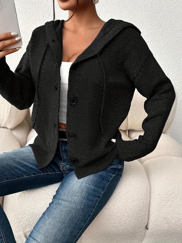 Women's Plain Button Front Drawstring Hooded Cable Knit Cardigan, Elegant Drop Shoulder Long Sleeve Cardigan, Cardigan for Women, Ladies Knitwear for All Seasons