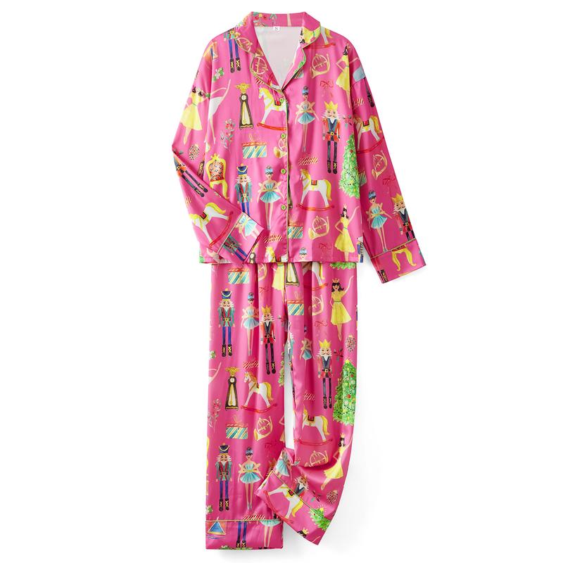 Women's two-piece pajama set long-sleeved lapel Christmas pattern print button-down shirt with free pants Loungewear Nightwear