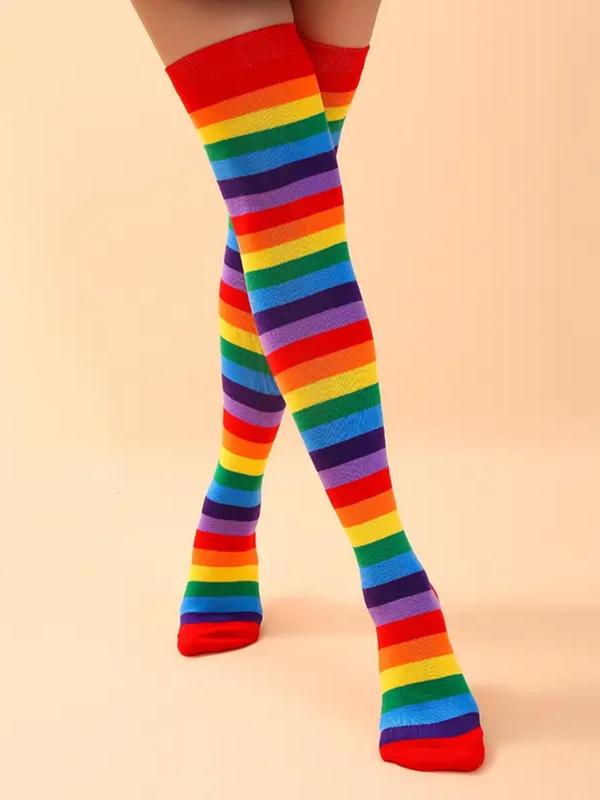 3 Pairs Of Rainbow Striped Thigh High Socks, Autumn Cute Cozy Over The Knee Stockings for Women, LGBT Comfy Hosiery for All Day Wear