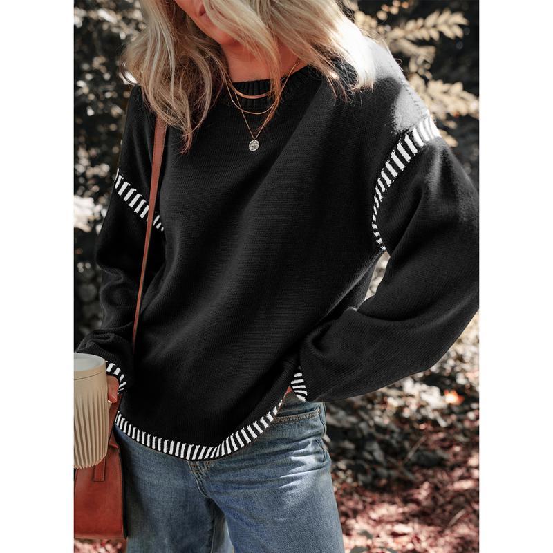 YMBB Sweaters for Women Fashion SolidCrewneck Loose Fit Long Sleeve Contrast CableKnit Pullover  Jumper Tops All Knitwear Womenswear