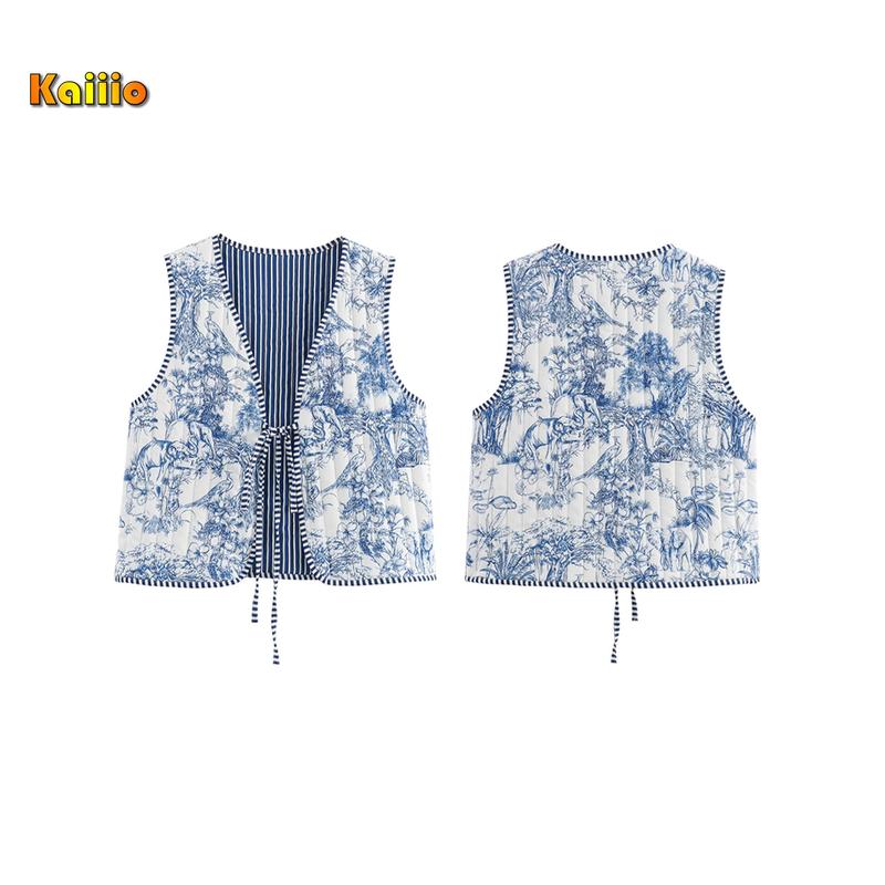 Women's Spring Autumn Vest Coat V Neck Tie Front Sleeveless Floral Puffer Jacket