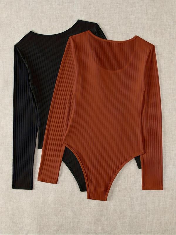 Women's Solid Ribbed Scoop Neck Ribbed Bodysuit, Casual Long Sleeve Bodysuit for Fall & Winter, Ladies Clothes for Daily Wear