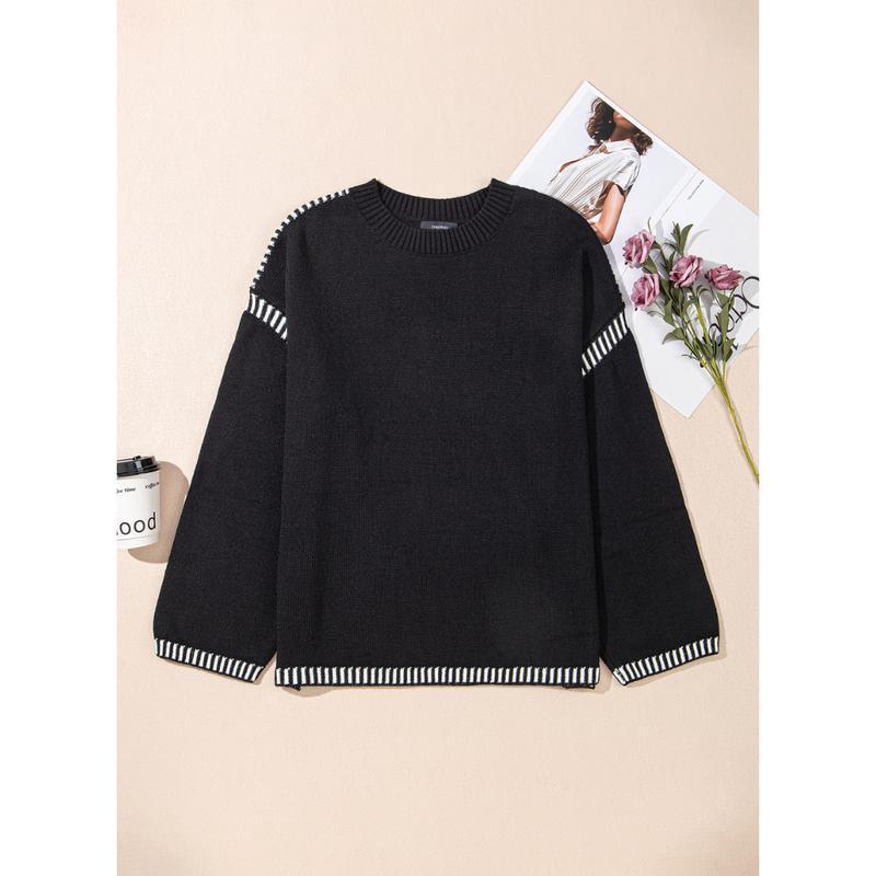 YMBB Sweaters for Women Fashion SolidCrewneck Loose Fit Long Sleeve Contrast CableKnit Pullover  Jumper Tops All Knitwear Womenswear