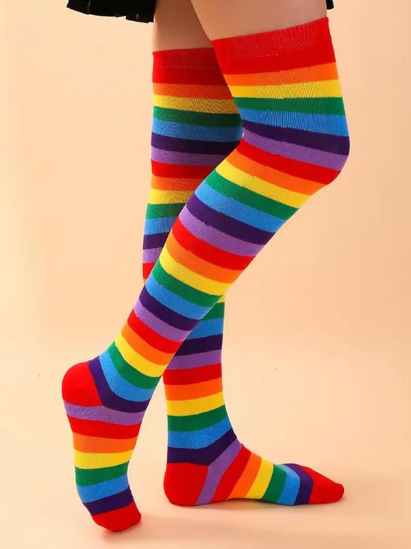 3 Pairs Of Rainbow Striped Thigh High Socks, Autumn Cute Cozy Over The Knee Stockings for Women, LGBT Comfy Hosiery for All Day Wear