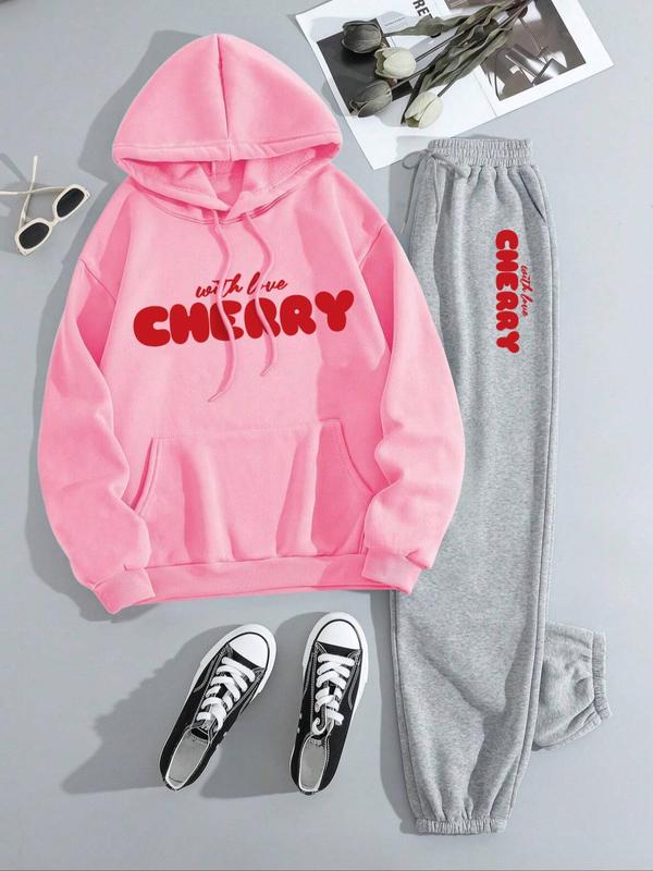 Two-piece Set Women's Cherry and Letter Print Thermal Lined Hoodie & Drawstring Waist Sweatpants, Casual Fashion Cozy Breathable Two Piece Outfits for Daily Wear, Sweatsuits for Women, Ladies Fall & Winter Clothes