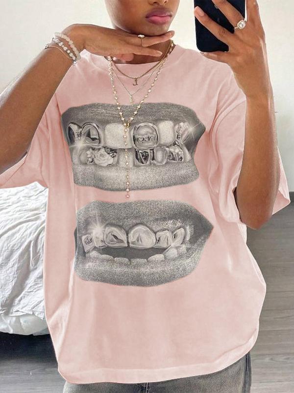 Women's Lip Print Drop Shoulder Tee, Cute Casual Graphic Half Sleeve Round Neck T-Shirt for Summer, Fashion Women's Top for Daily Wear