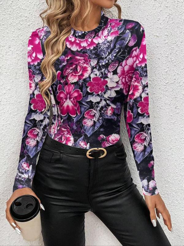 Women's Floral Print Sheer Tulle Tight Sleeve Tee, Elegant Long Sleeve Round Neck Top for Daily Wear, Ladies Clothes for All Seasons