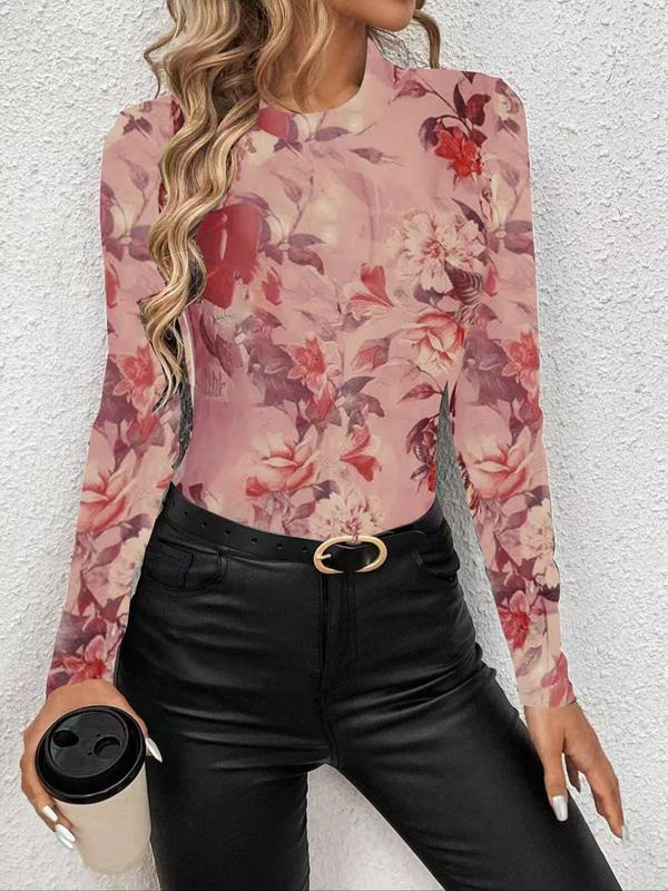 Women's Floral Print Sheer Tulle Tight Sleeve Tee, Elegant Long Sleeve Round Neck Top for Daily Wear, Ladies Clothes for All Seasons