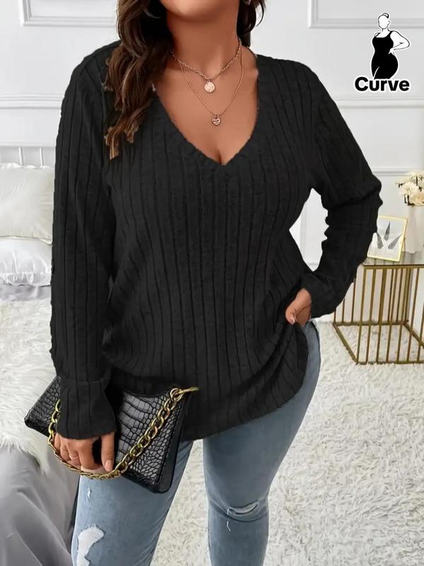 Womenswear Plus Breathable & Thin Plain V Neck Soft Long Sleeve Tee, Casual Solid T-shirt for Spring & Fall, Comfort Minimalist Women's Plus Clothing, Longsleeves Womenswear