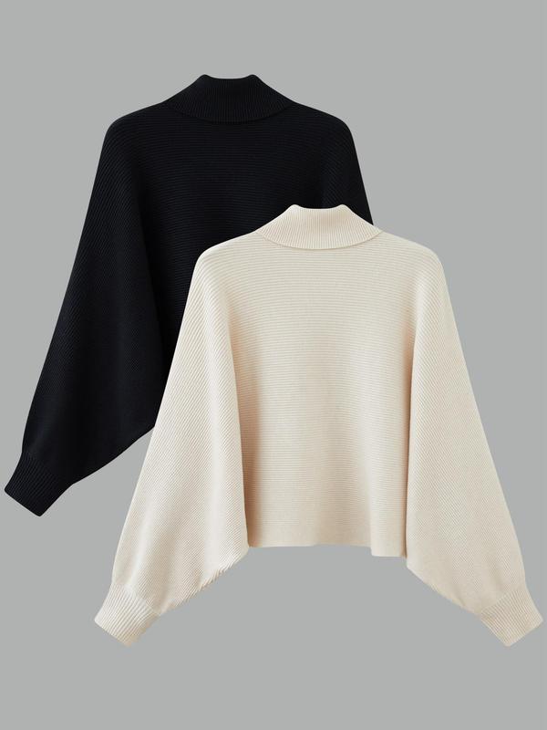 Women's Solid Color Batwing Sleeve Turtleneck Sweater, Casual Long Sleeve Jumper for Fall & Winter, Fashion Ladies' Knitwear for Daily Wear