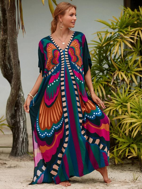 Women's All Over Print Batwing Sleeve Side Split Kaftan Dress, Summer Clothes Women, Casual Printed Half Sleeve V Neck Loose Dress, Women's Dress For Summer