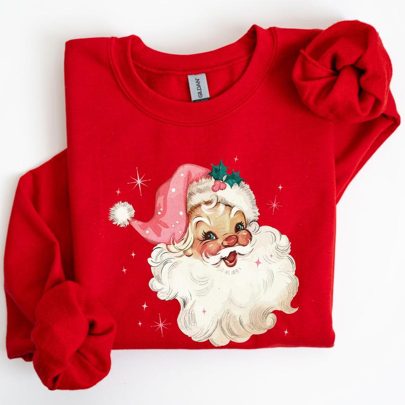 Retro Santa, Pink Christmas Sparkles, Vintage, Winter, Snow, Xmas Sweatshirt, Women's Crew Neck, Crewneck