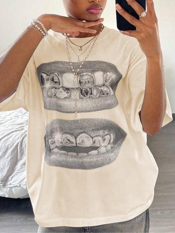 Women's Lip Print Drop Shoulder Tee, Cute Casual Graphic Half Sleeve Round Neck T-Shirt for Summer, Fashion Women's Top for Daily Wear