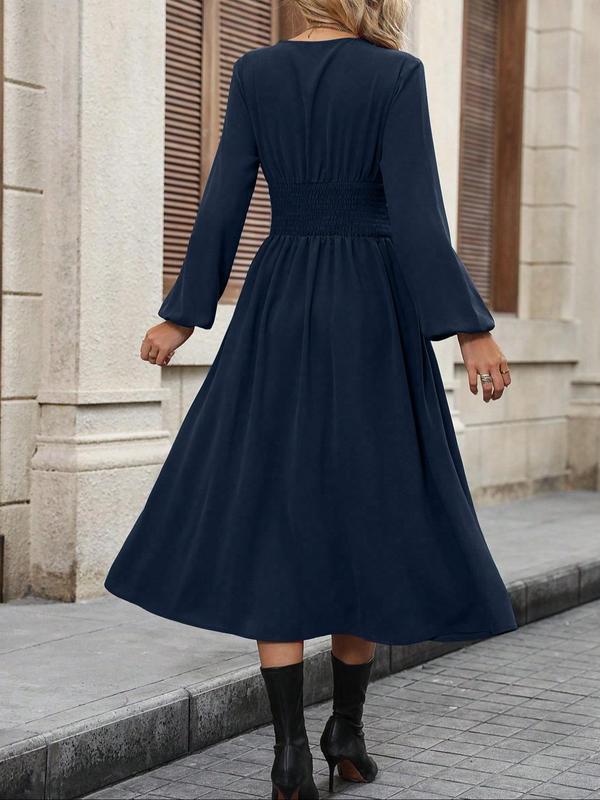 Women's Plain Ruched Wrap V Neck Shirred Dress, Elegant Bishop Sleeve A Line Midi Dress for Party Holiday Wedding Guest, Ladies Fall & Winter Clothes