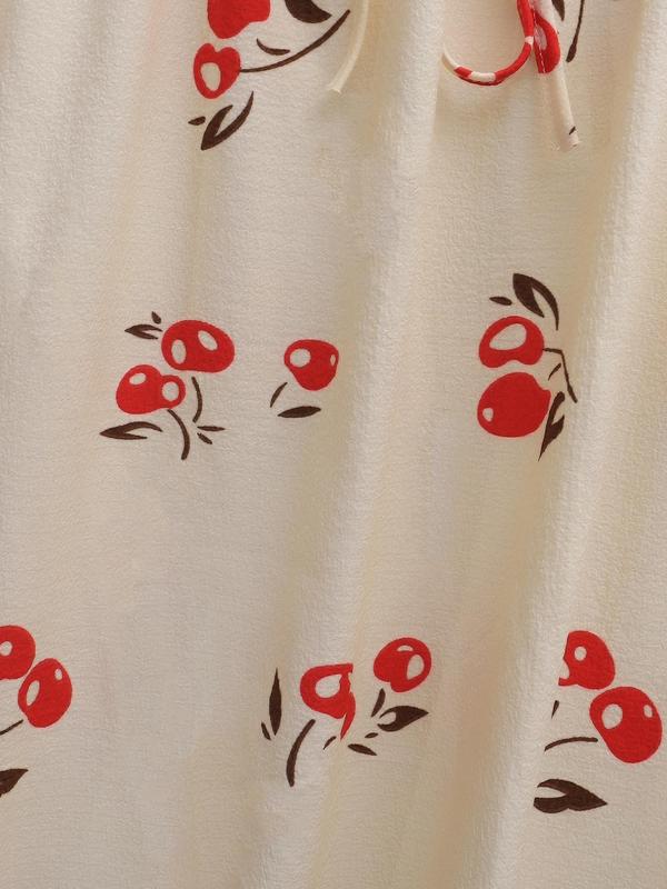 Plus Size Cherry Print Bow Front Frill Trim Nightdress, Summer Sleepwear Women, Casual Soft Flounce Sleeve Square Neck Nightgown, Fashion PJ Homewear