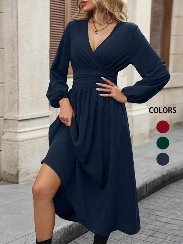 Women's Plain Ruched Wrap V Neck Shirred Dress, Elegant Bishop Sleeve A Line Midi Dress for Party Holiday Wedding Guest, Ladies Fall & Winter Clothes