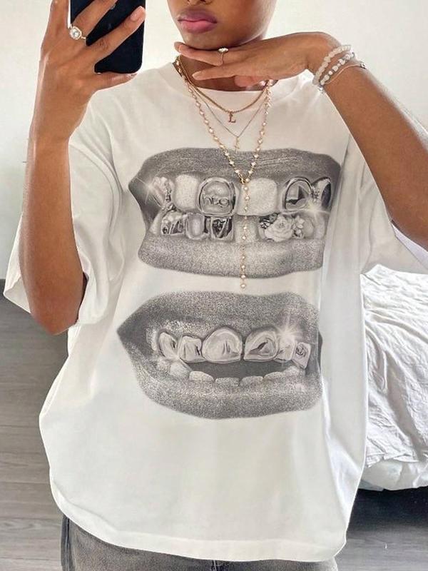 Women's Lip Print Drop Shoulder Tee, Cute Casual Graphic Half Sleeve Round Neck T-Shirt for Summer, Fashion Women's Top for Daily Wear