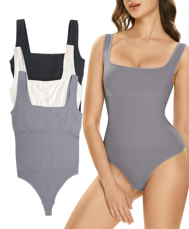 Lover-Beauty Women's 3 Piece Bodysuits Shapewear Tummy Control BodySuits Ribbed Square Neck Sleeveless Tank Tops